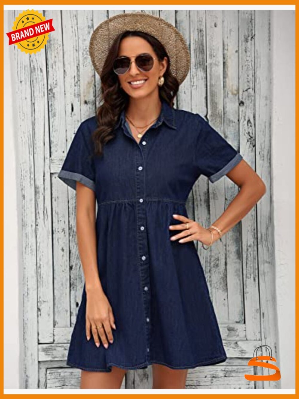 Babydoll Denim Dress Tiered Short Sleeve Button Down Casual Swing Dress - Picture 3 of 7
